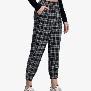WDIRARA Women's Two Tone Plaid Print Pants Black White Plaid Check Size Small